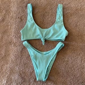 Seafoam ribbed blue knotted top and cheeky bottom bikini. Size Small